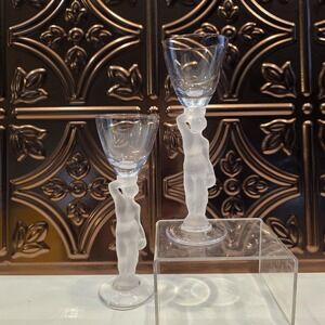 2 Bayel Bacchus "Baccante" Frosted‎ Nude Male Cordual Glasses French Crystal